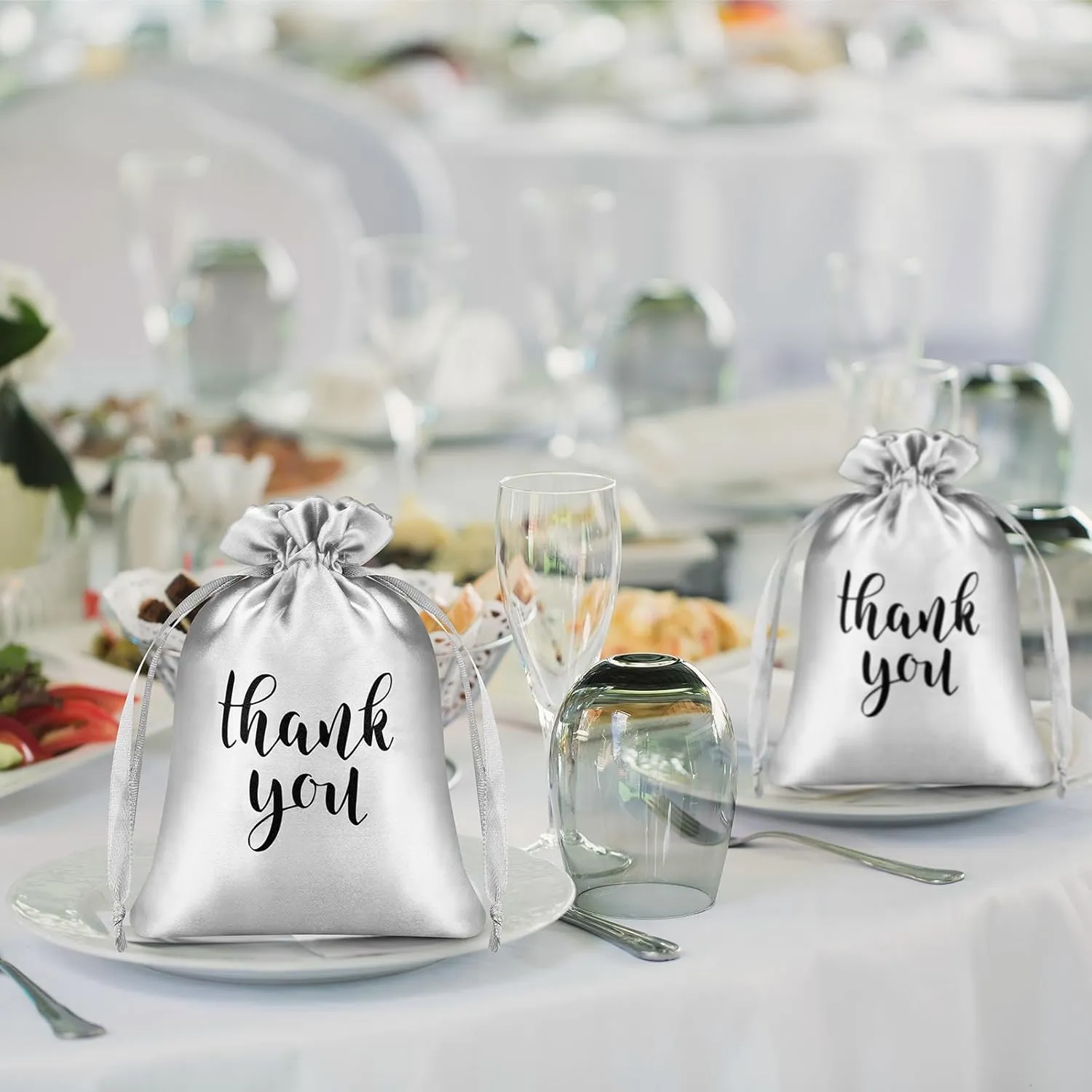 Sieral 50 Pcs Thank You Satin Gift Bags with Drawstring Jewelry Candy Bags for Wedding Bridal Shower Gift Wrap Bags for Birthday Party Anniversary Favor(Silver,5 x 7 Inch)