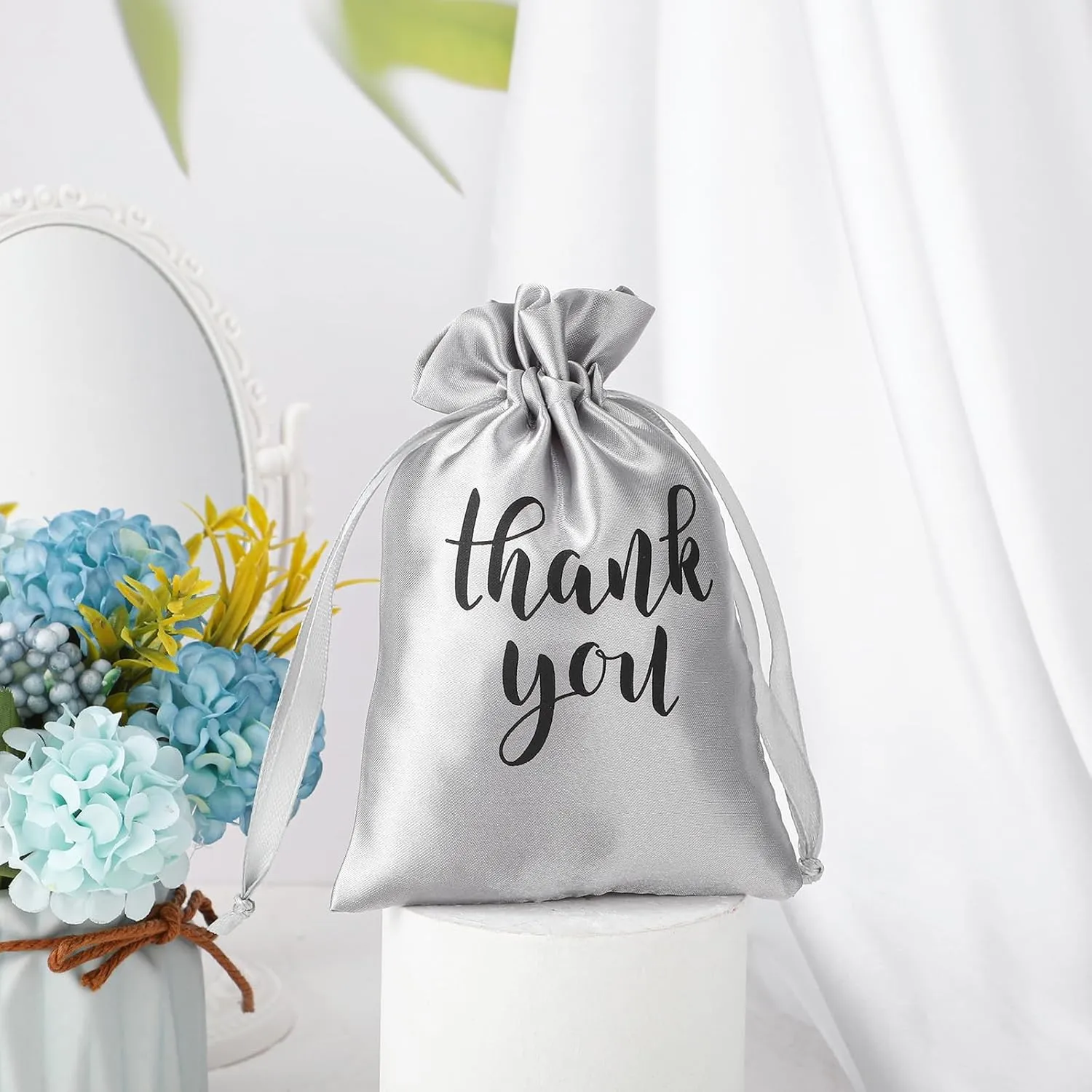 Sieral 50 Pcs Thank You Satin Gift Bags with Drawstring Jewelry Candy Bags for Wedding Bridal Shower Gift Wrap Bags for Birthday Party Anniversary Favor(Silver,5 x 7 Inch)