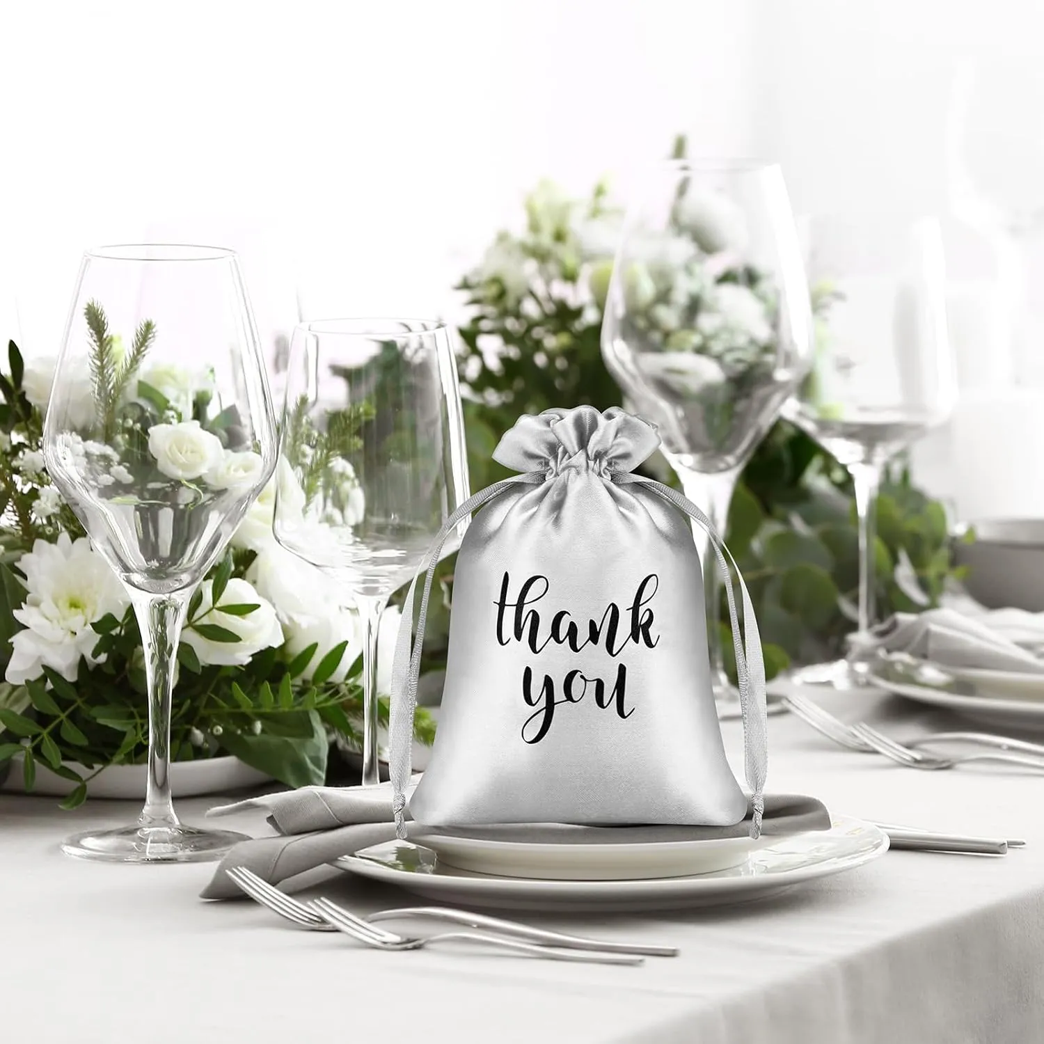 Sieral 50 Pcs Thank You Satin Gift Bags with Drawstring Jewelry Candy Bags for Wedding Bridal Shower Gift Wrap Bags for Birthday Party Anniversary Favor(Silver,5 x 7 Inch)