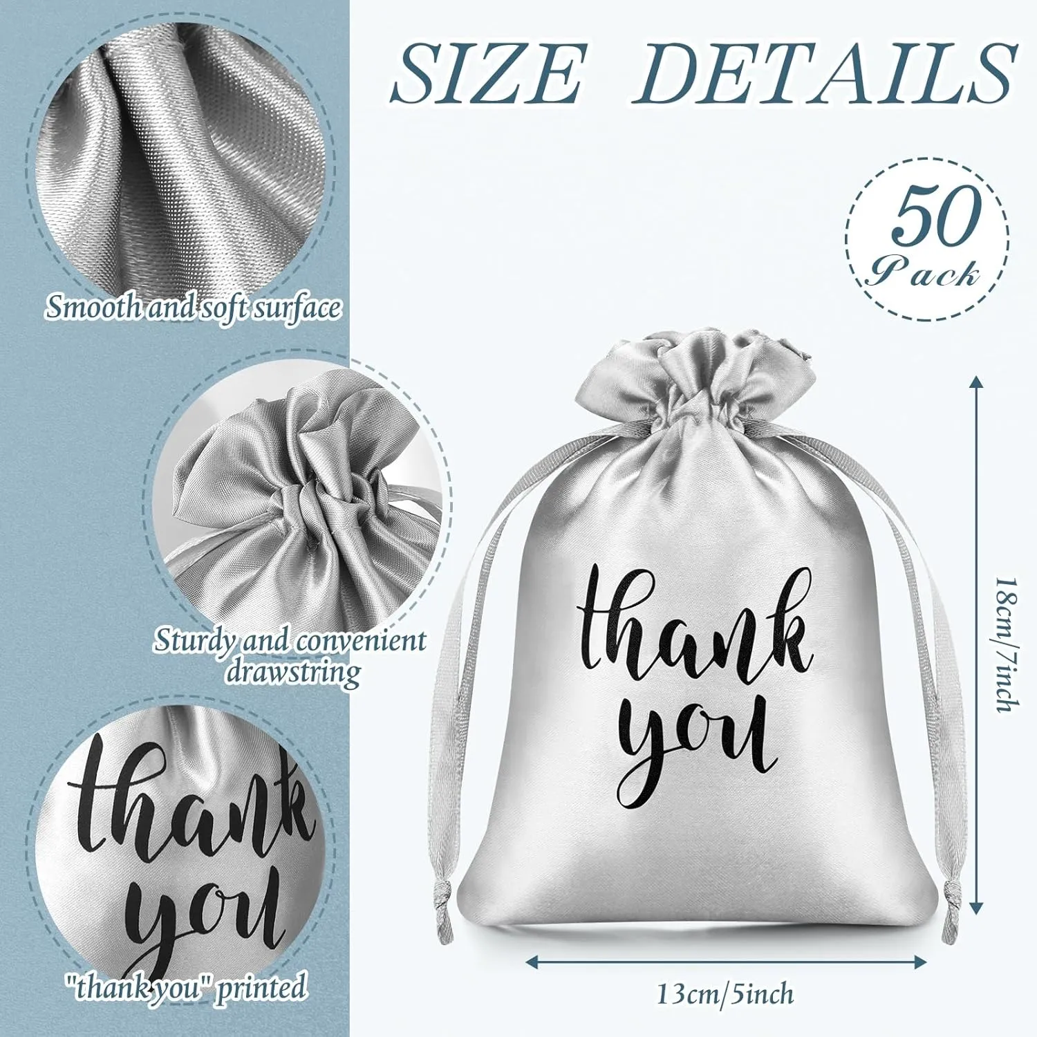 Sieral 50 Pcs Thank You Satin Gift Bags with Drawstring Jewelry Candy Bags for Wedding Bridal Shower Gift Wrap Bags for Birthday Party Anniversary Favor(Silver,5 x 7 Inch)