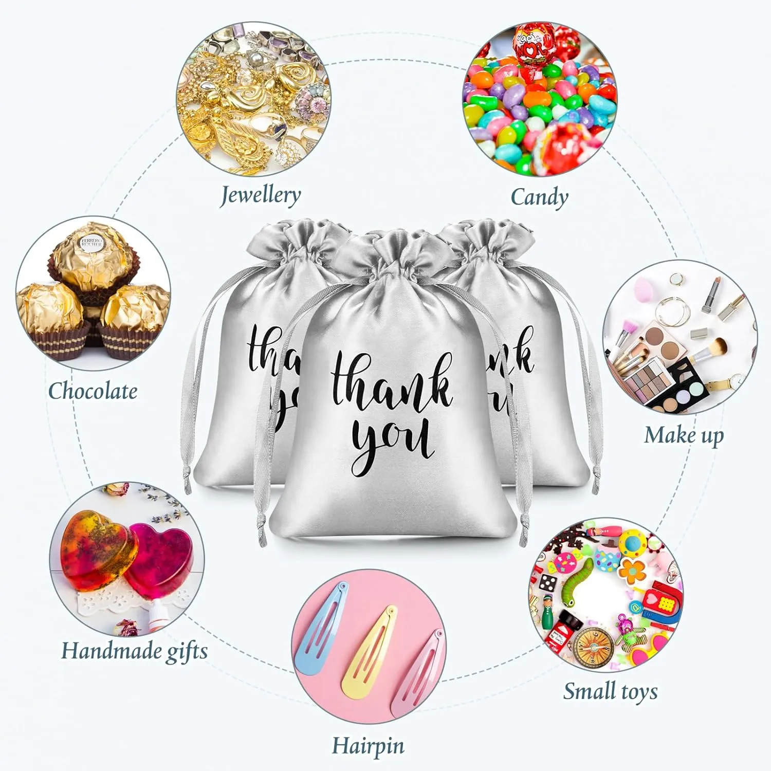 Sieral 50 Pcs Thank You Satin Gift Bags with Drawstring Jewelry Candy Bags for Wedding Bridal Shower Gift Wrap Bags for Birthday Party Anniversary Favor(Silver,5 x 7 Inch)