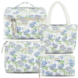 Silkfly 4 Pcs Cosmetic Bags Set Cotton Quilted Makeup Bag Portable Cute Floral Cosmetic Pouch Vintage Travel Coquette Aesthetic Small Tote for Women Suitcase Accessories(Fresh Style)