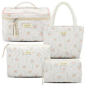Silkfly 4 Pcs Cosmetic Bags Set Cotton Quilted Makeup Bag Portable Cute Floral Cosmetic Pouch Vintage Travel Coquette Aesthetic Small Tote for Women Suitcase Accessories(Peony)