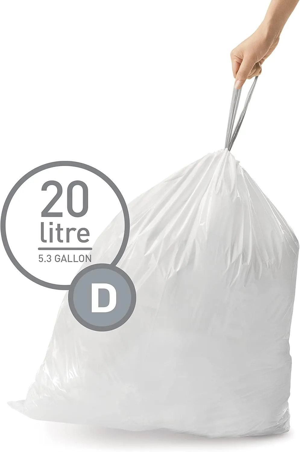 simplehuman Code D 100 Count, Genuine Custom Fit Liners, Drawstring Trash Bags in Dispenser Packs, 20 Liter / 5.3 Gallon, White
