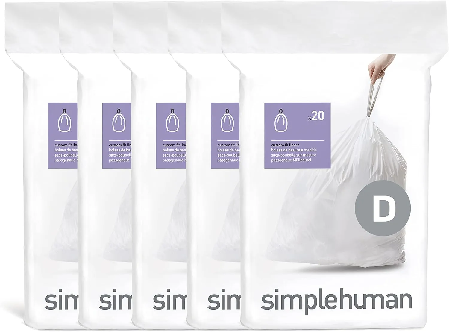simplehuman Code D 100 Count, Genuine Custom Fit Liners, Drawstring Trash Bags in Dispenser Packs, 20 Liter / 5.3 Gallon, White