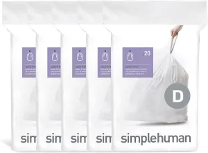 simplehuman Code D 100 Count, Genuine Custom Fit Liners, Drawstring Trash Bags in Dispenser Packs, 20 Liter / 5.3 Gallon, White