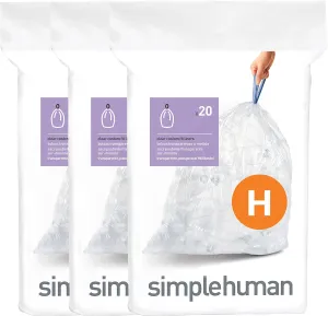 simplehuman Code H 60 Count, Genuine Custom Fit Liners, Drawstring Trash Bags in Dispenser Packs, 30-35 Liter / 8-9.2 Gallon, Clear