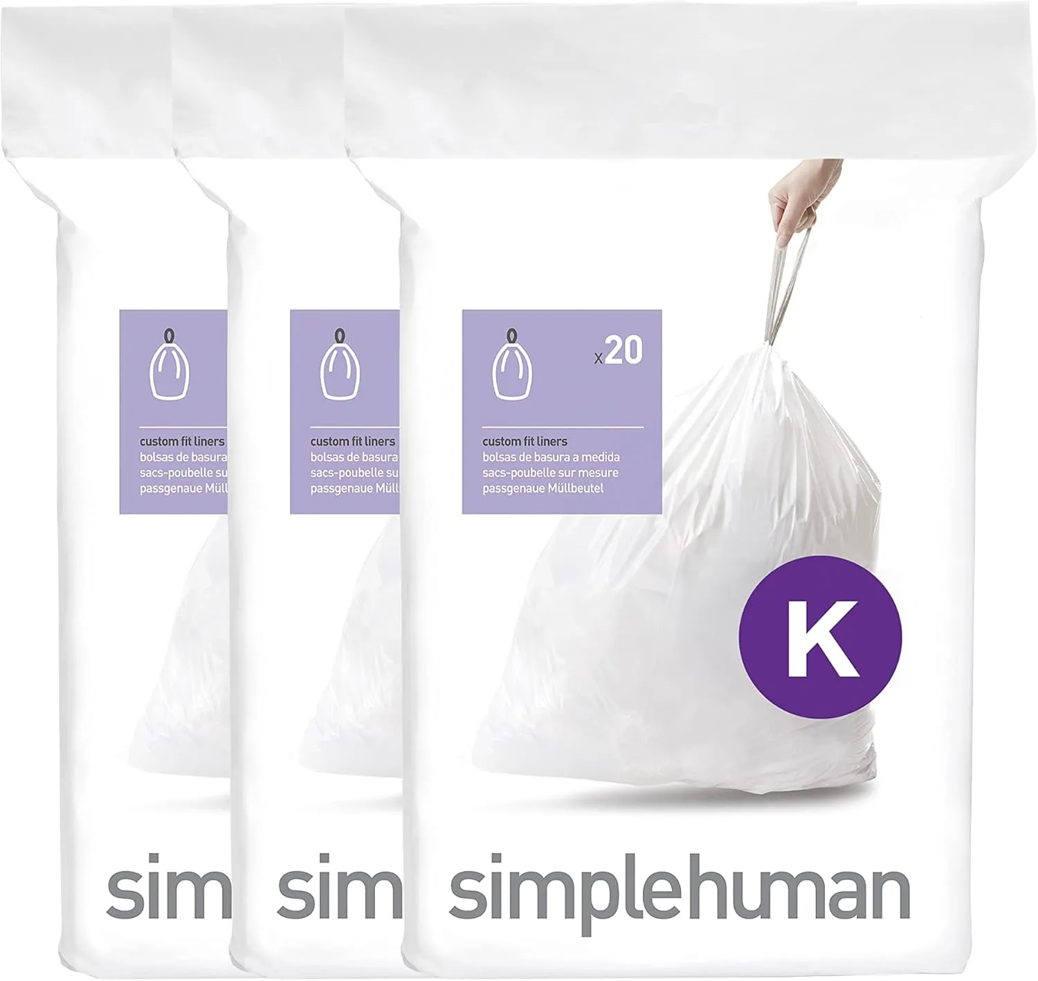 simplehuman Code K 60 Count, Dispenser Pack Custom Fit Liners, Drawstring Trash Bags, 35-45 Liter / 9-12 Gallon, White
