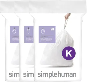 simplehuman Code K 60 Count, Dispenser Pack Custom Fit Liners, Drawstring Trash Bags, 35-45 Liter / 9-12 Gallon, White