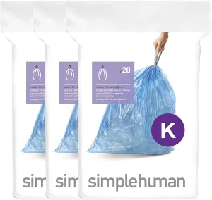 simplehuman Code K 60 Count, Genuine Custom Fit Liners, Drawstring Trash Bags in Dispenser Packs, 35-45 Liter / 9.2-12 Gallon, Blue