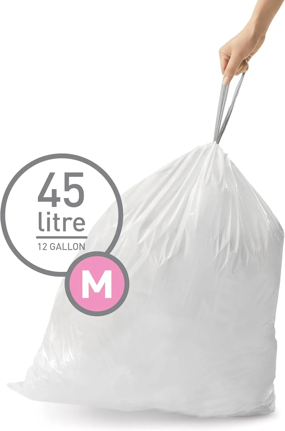 simplehuman Code M 200 Count, Genuine Custom Fit Liners, Drawstring Trash Bags in Dispenser Packs, 45 Liter / 11.9 Gallon, White