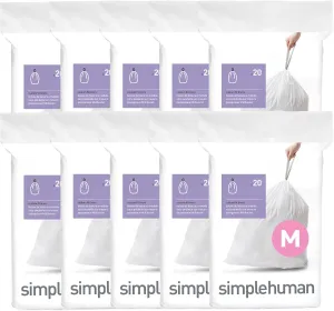 simplehuman Code M 200 Count, Genuine Custom Fit Liners, Drawstring Trash Bags in Dispenser Packs, 45 Liter / 11.9 Gallon, White