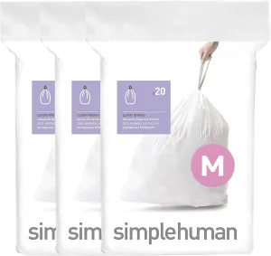 simplehuman Code M 60 Count, Genuine Custom Fit Liners, Drawstring Trash Bags in Dispenser Packs, 45 Liter / 11.9 Gallon, White