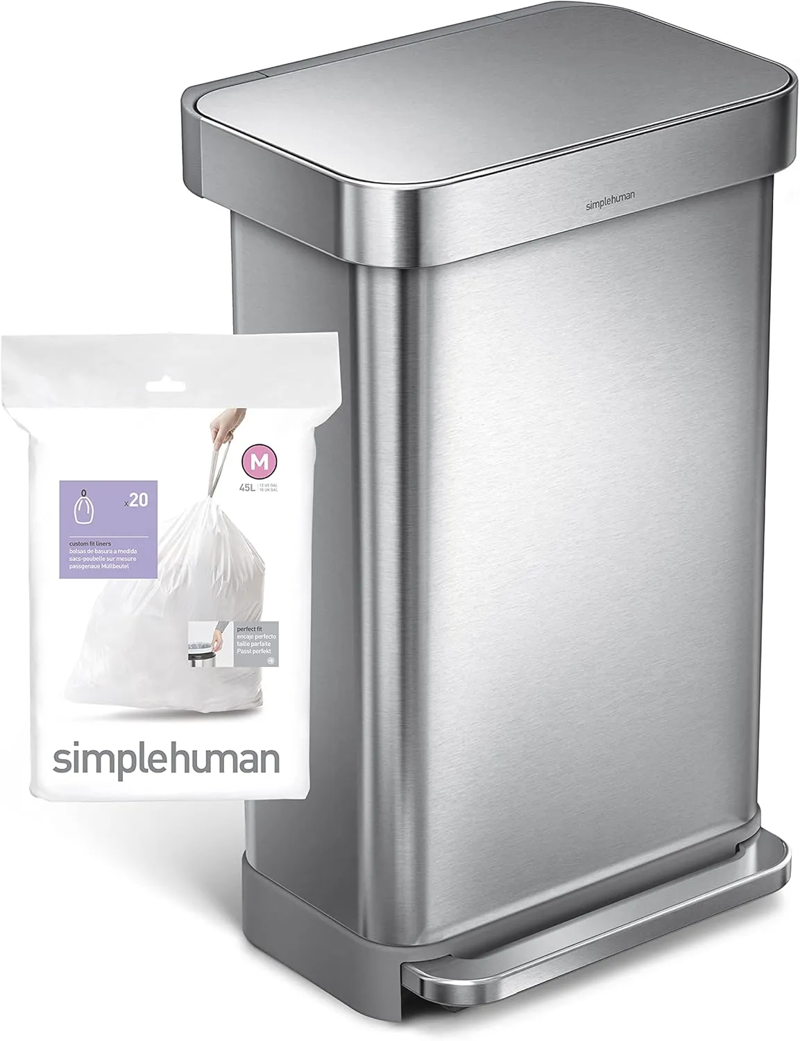 simplehuman Code M 60 Count, Genuine Custom Fit Liners, Drawstring Trash Bags in Dispenser Packs, 45 Liter / 11.9 Gallon, White