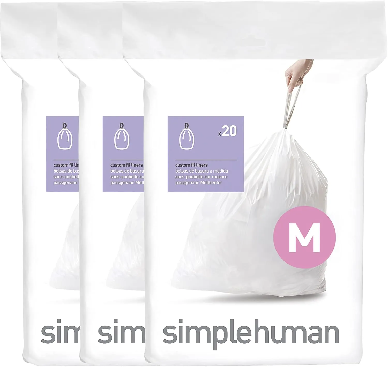 simplehuman Code M 60 Count, Genuine Custom Fit Liners, Drawstring Trash Bags in Dispenser Packs, 45 Liter / 11.9 Gallon, White