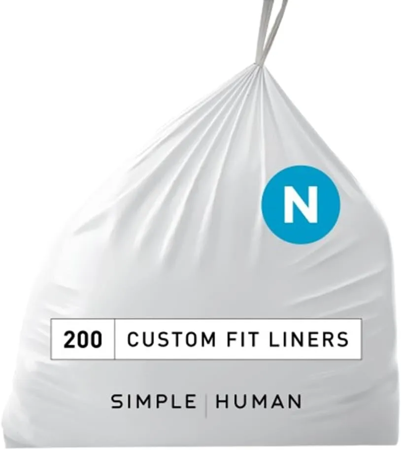 simplehuman Code N 200 Count, Genuine Custom Fit Liners, Drawstring Trash Bags, 30 Liter / 8 Gallon, White
