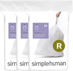 simplehuman Code R 60 Count, Genuine Custom Fit Liners, Drawstring Trash Bags in Dispenser Packs, 10 Liter / 2.6 Gallon, White