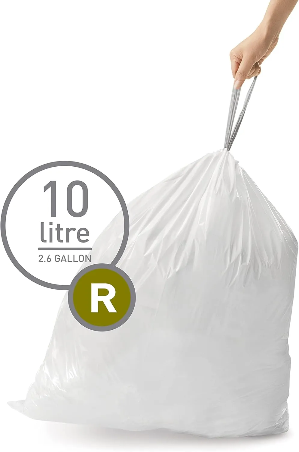 simplehuman Code R 60 Count, Genuine Custom Fit Liners, Drawstring Trash Bags in Dispenser Packs, 10 Liter / 2.6 Gallon, White