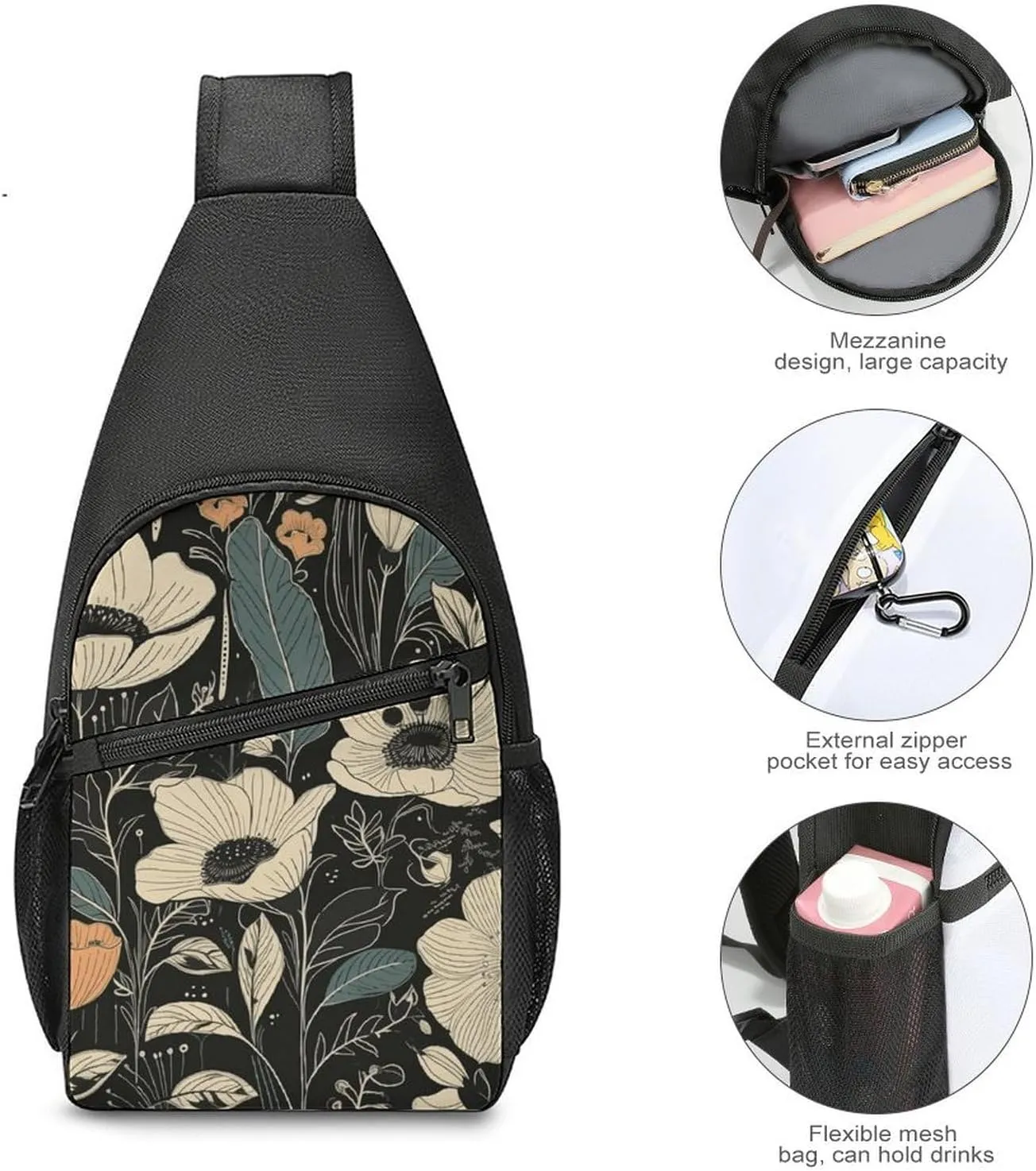 Sling Backpack for Women Men Crossbody Chest Bag Travel Delicate Flowers Daypack Shoulder Bag for Hiking