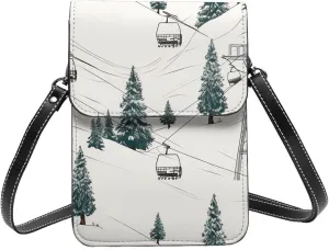 Small Crossbody Bags for Women Leather Cell Phone Purse Travel Wallet Ski Lift With Fir Tree Cell Phone Bag Adjustable Strap
