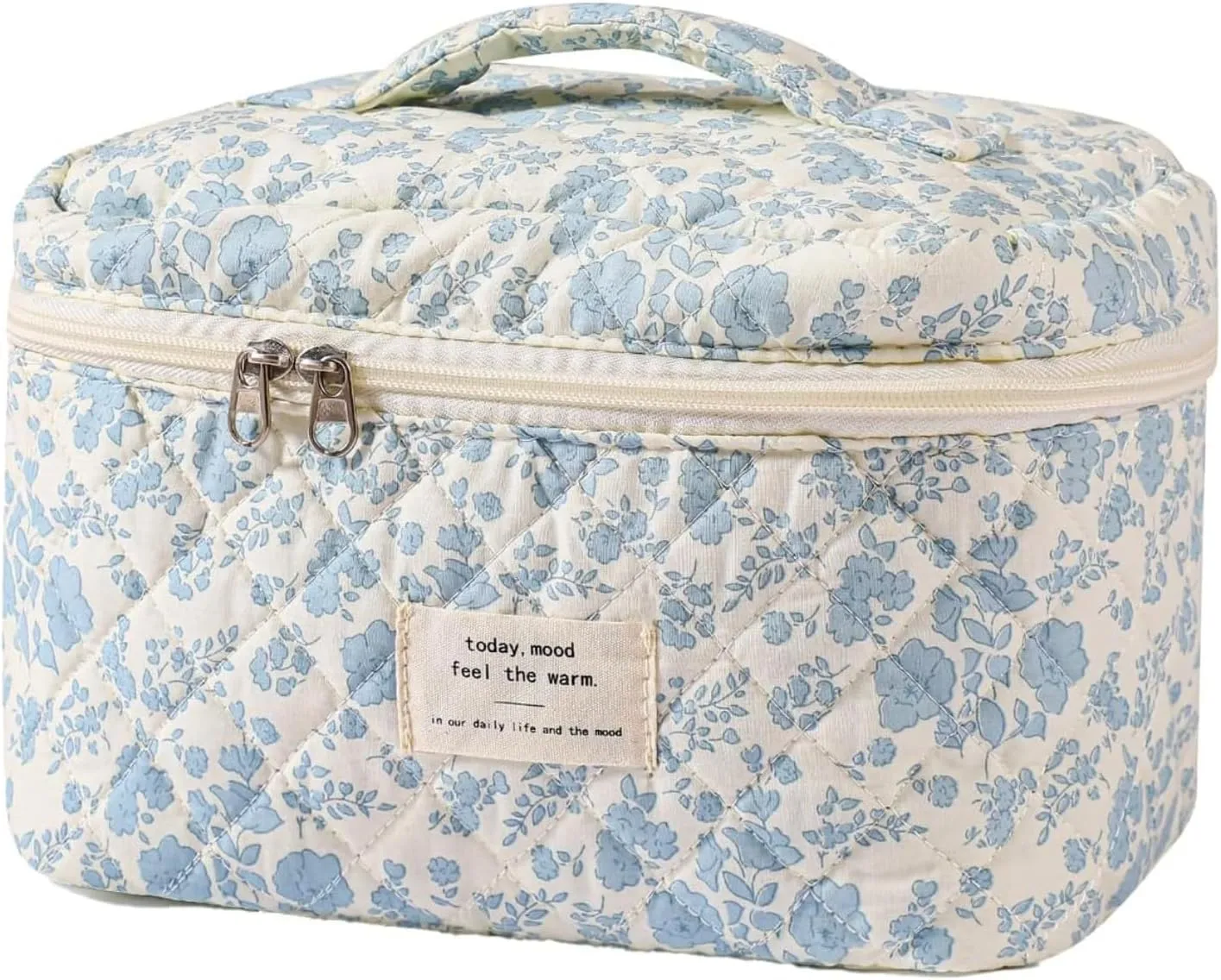 Small Large Makeup Bag for Travel Women Cute Aesthetic Cosmetic Toiletry Bags Cotton Quilted Make Up Pouch Purse Organizer (Large-05#Blue)