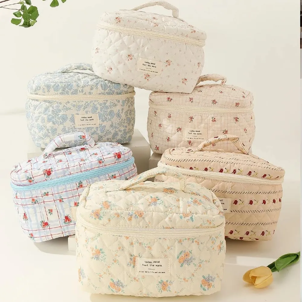 Small Large Makeup Bag for Travel Women Cute Aesthetic Cosmetic Toiletry Bags Cotton Quilted Make Up Pouch Purse Organizer (Large-05#Blue)
