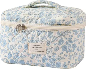 Small Large Makeup Bag for Travel Women Cute Aesthetic Cosmetic Toiletry Bags Cotton Quilted Make Up Pouch Purse Organizer (Large-05#Blue)