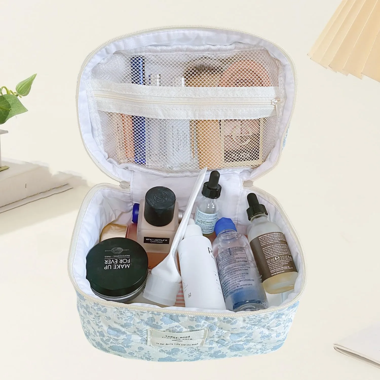 Small Large Makeup Bag for Travel Women Cute Aesthetic Cosmetic Toiletry Bags Cotton Quilted Make Up Pouch Purse Organizer (Large-05#Blue)