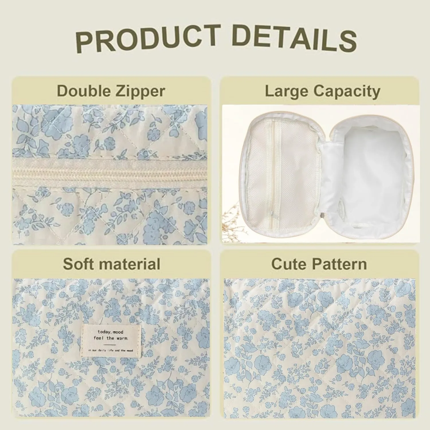 Small Large Makeup Bag for Travel Women Cute Aesthetic Cosmetic Toiletry Bags Cotton Quilted Make Up Pouch Purse Organizer (Large-05#Blue)
