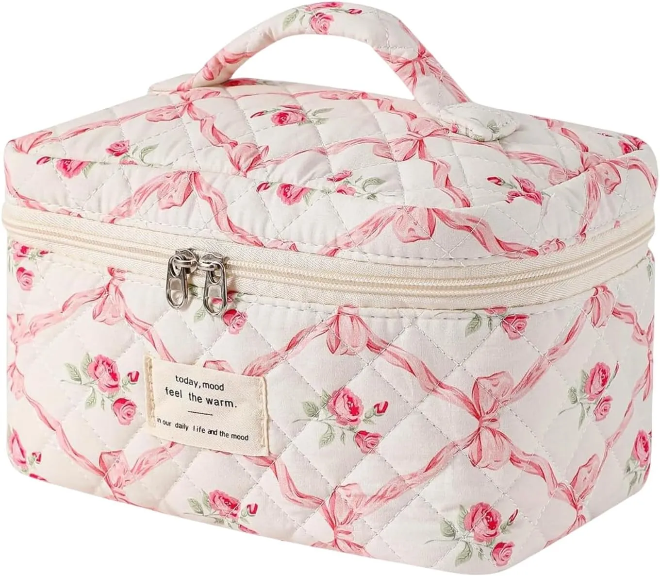Small Large Makeup Bag for Travel Women Cute Aesthetic Cosmetic Toiletry Bags Cotton Quilted Make Up Pouch Purse Organizer (Large-05#Bowknot Pink)
