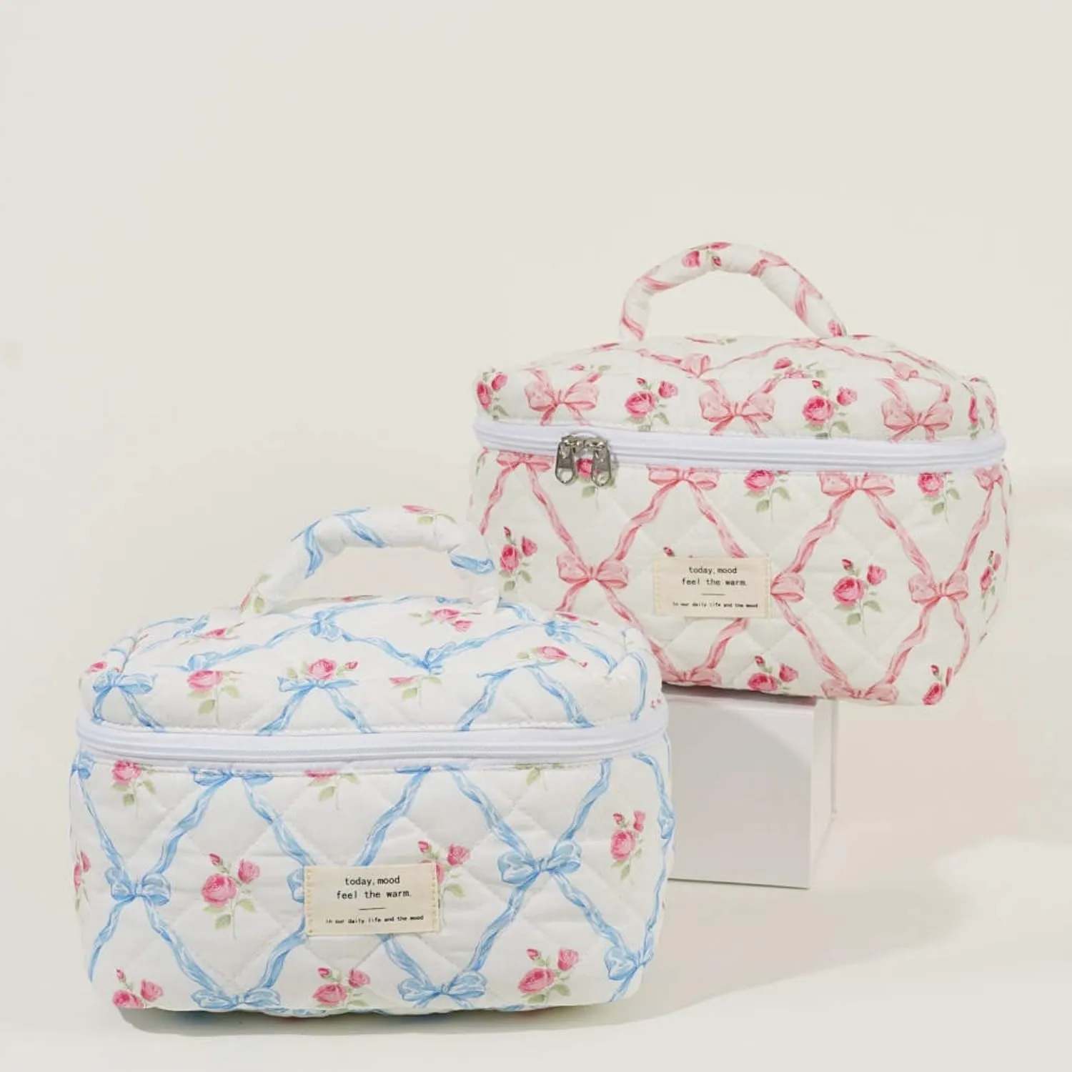 Small Large Makeup Bag for Travel Women Cute Aesthetic Cosmetic Toiletry Bags Cotton Quilted Make Up Pouch Purse Organizer (Large-05#Bowknot Pink)