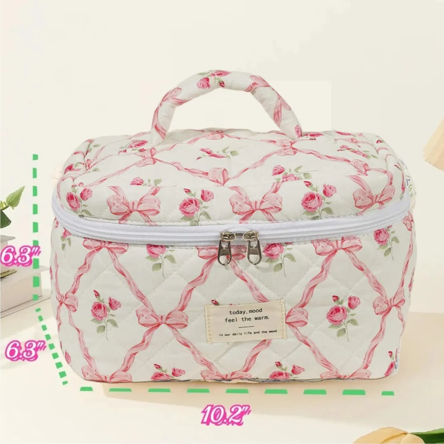 Small Large Makeup Bag for Travel Women Cute Aesthetic Cosmetic Toiletry Bags Cotton Quilted Make Up Pouch Purse Organizer (Large-05#Bowknot Pink)
