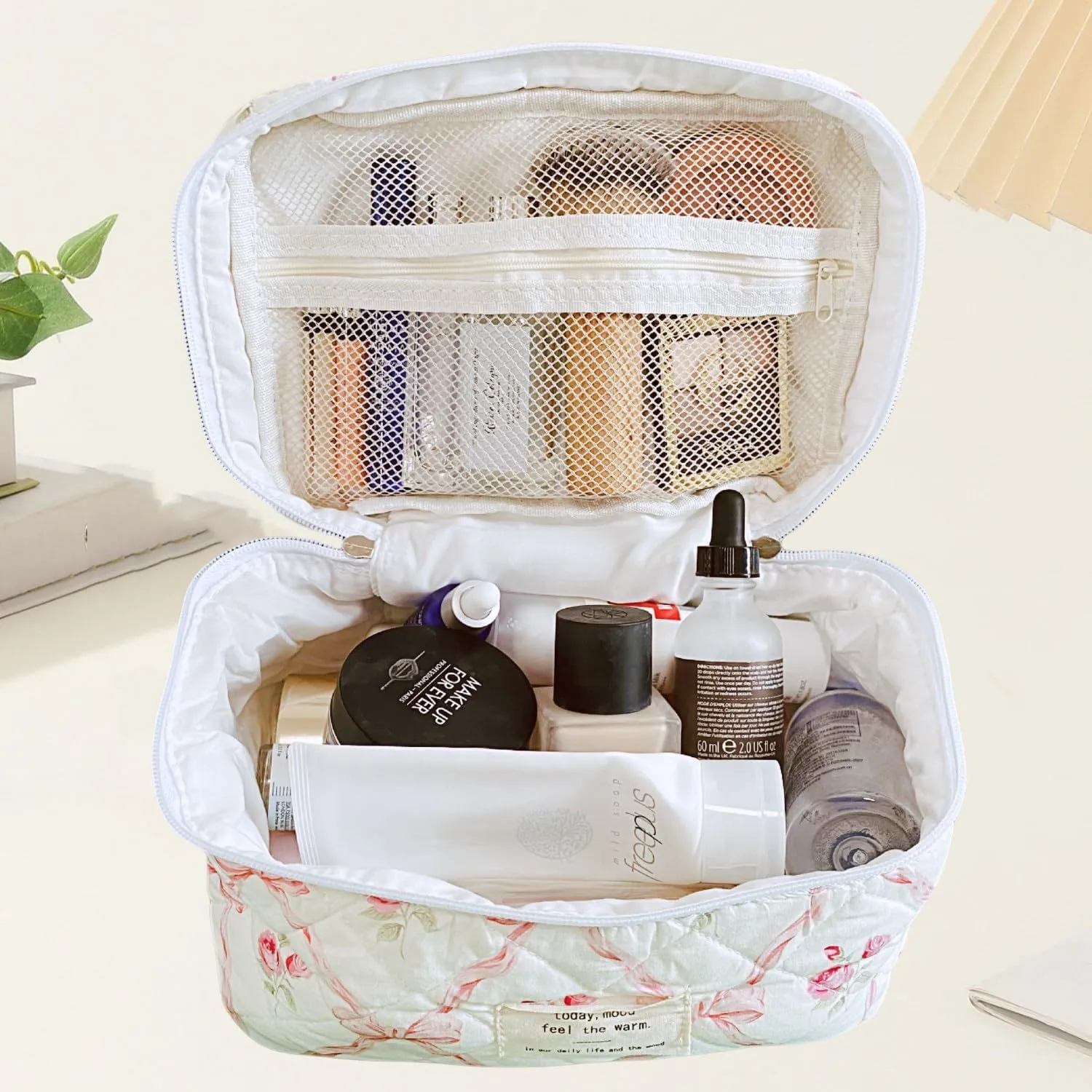 Small Large Makeup Bag for Travel Women Cute Aesthetic Cosmetic Toiletry Bags Cotton Quilted Make Up Pouch Purse Organizer (Large-05#Bowknot Pink)