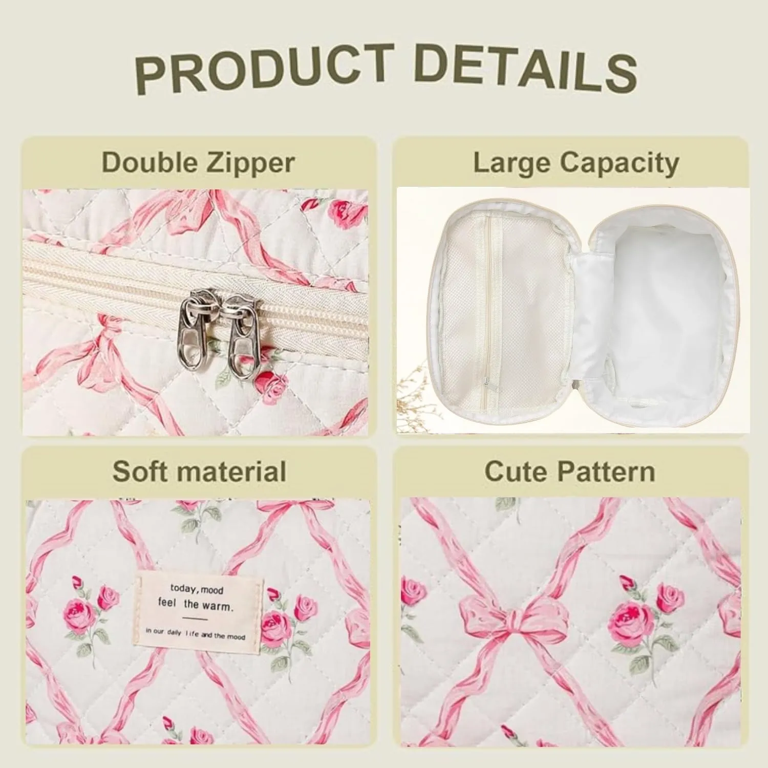 Small Large Makeup Bag for Travel Women Cute Aesthetic Cosmetic Toiletry Bags Cotton Quilted Make Up Pouch Purse Organizer (Large-05#Bowknot Pink)