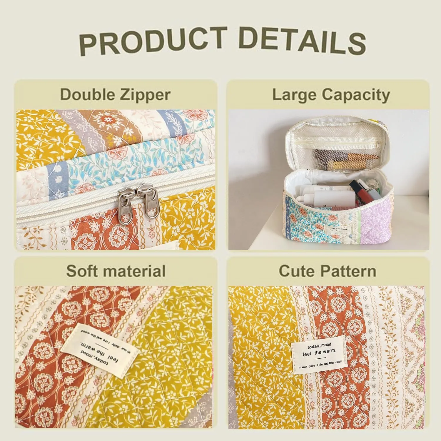 Small Large Makeup Bag for Travel Women Cute Aesthetic Cosmetic Toiletry Bags Cotton Quilted Make Up Pouch Purse Organizer (Large-05#Ethnic)