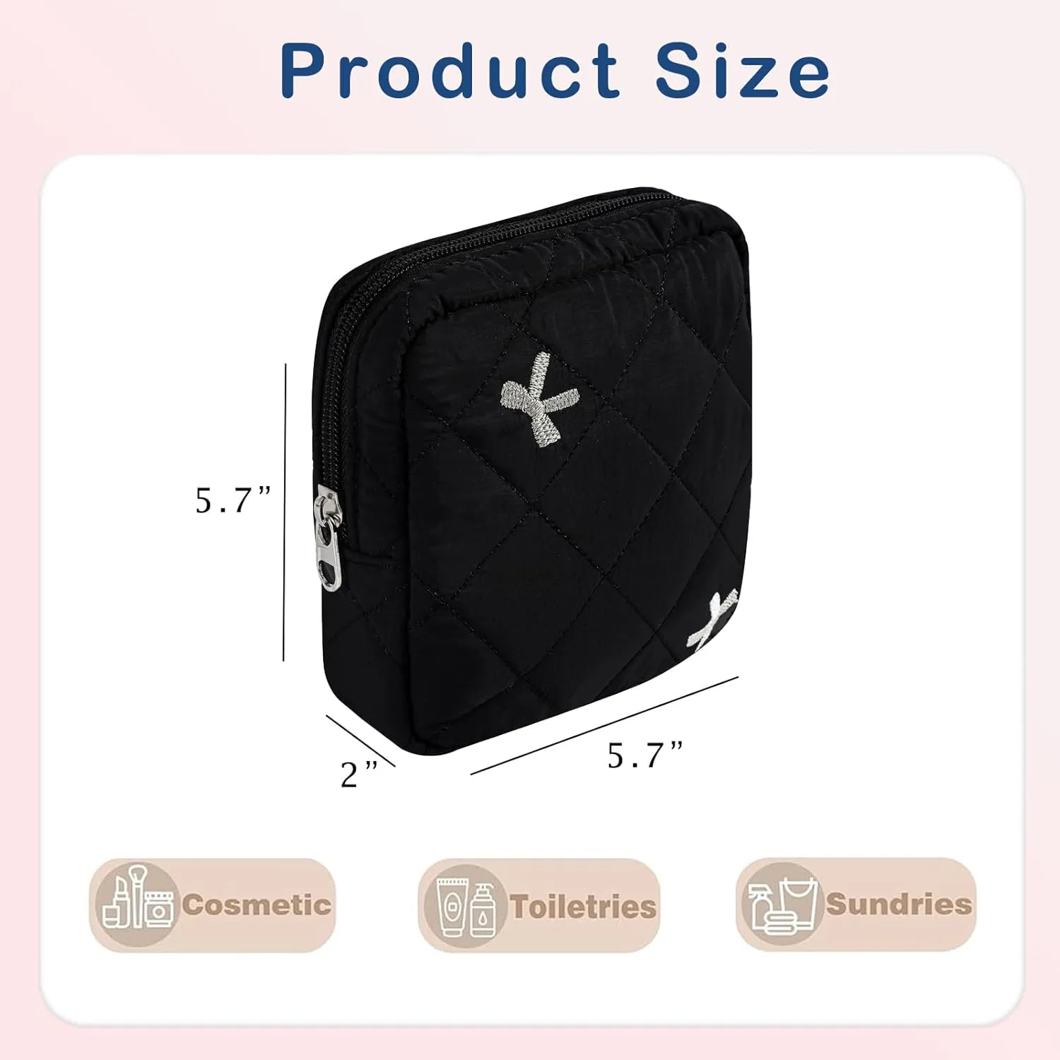 Small Quilted Cosmetic Pouch for Purse, Mini Cotton Makeup Bag with Compartments, Cute Zipper Lipstick Holder for Women (08Black Bow)