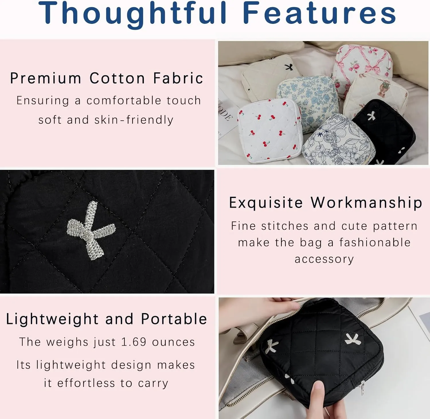 Small Quilted Cosmetic Pouch for Purse, Mini Cotton Makeup Bag with Compartments, Cute Zipper Lipstick Holder for Women (08Black Bow)