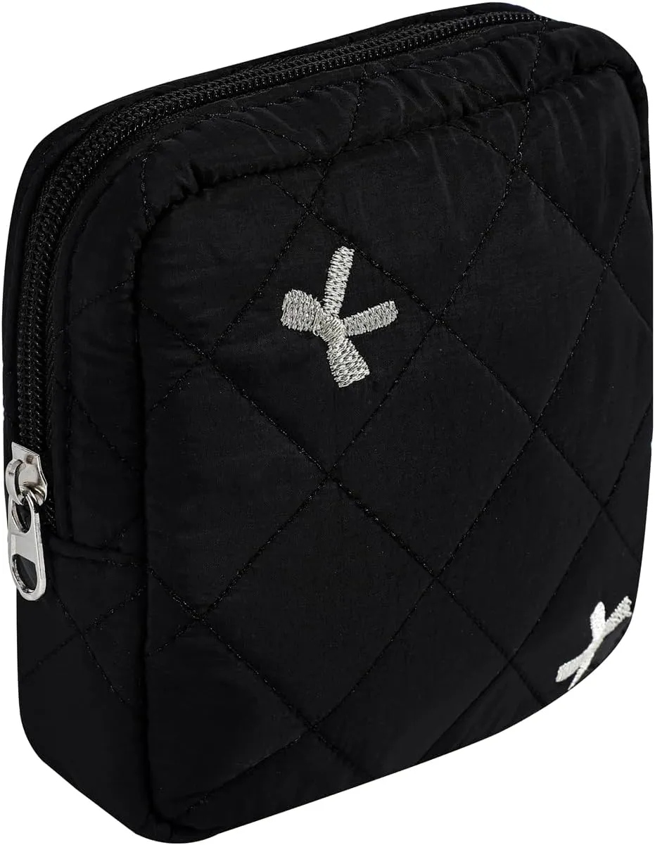 Small Quilted Cosmetic Pouch for Purse, Mini Cotton Makeup Bag with Compartments, Cute Zipper Lipstick Holder for Women (08Black Bow)