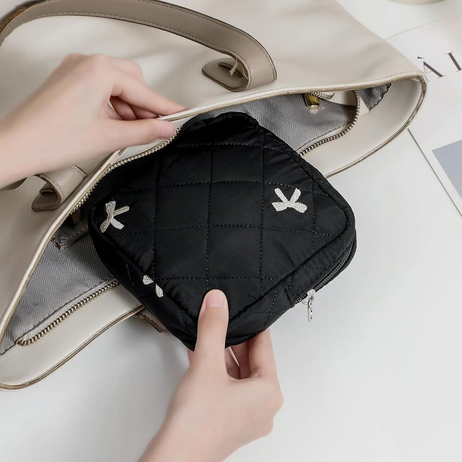 Small Quilted Cosmetic Pouch for Purse, Mini Cotton Makeup Bag with Compartments, Cute Zipper Lipstick Holder for Women (08Black Bow)