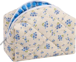 Small Quilted Cotton Makeup Bag, Cute Floral Cosmetic Bag, Cotton Aesthetic Makeup Pouch, Kawaii Travel Toiletry Bag for Women and Girls (05Blue Flower)