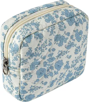 Small Quilted Cotton Makeup Bag for Purse, Cosmetic Bag with Compartments, Cotton Aesthetic Makeup Bag, Travel Toiletry Pouch, Key Pocket Lipstick Bag Card Holder Data Cable Organizer (02Light Blue)