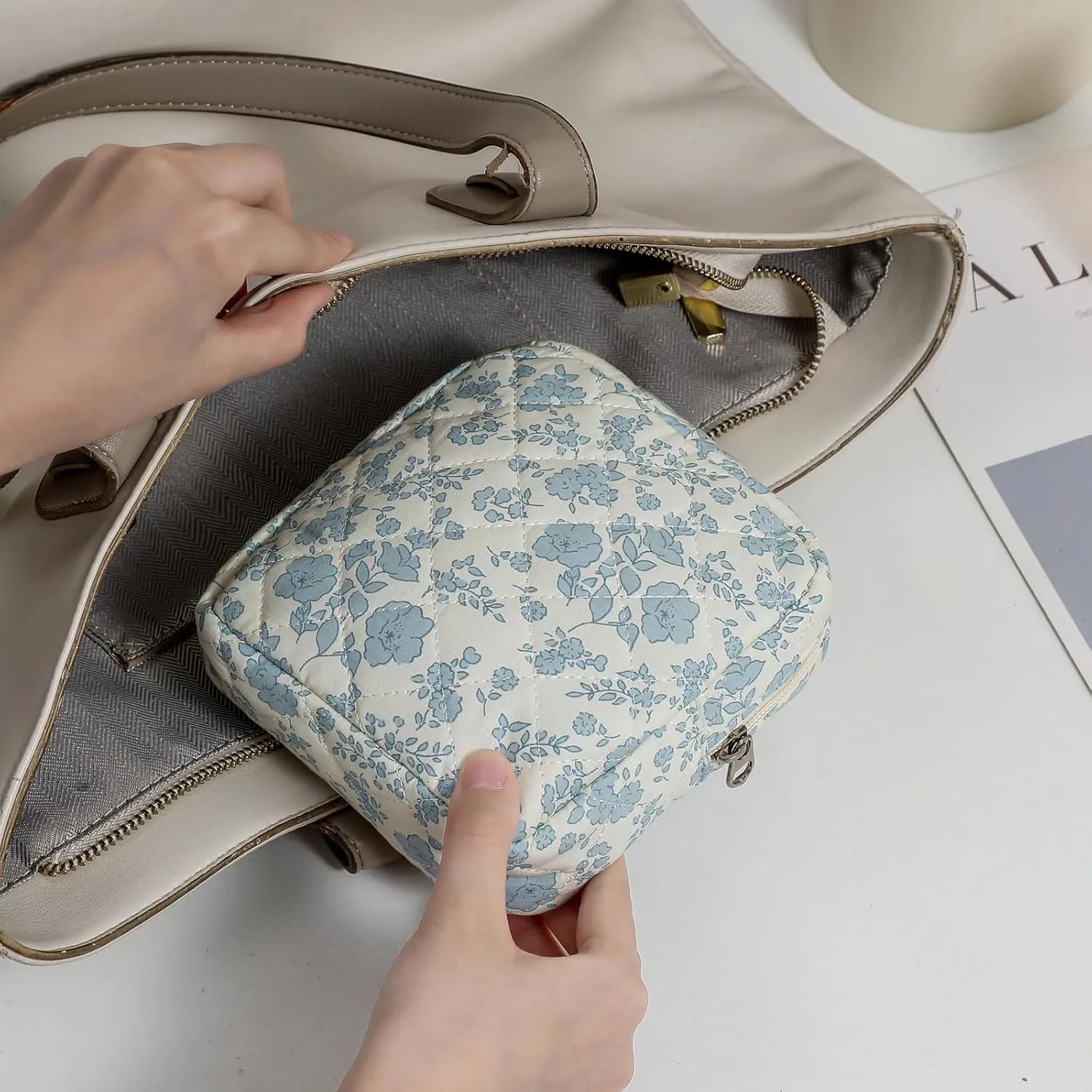 Small Quilted Cotton Makeup Bag for Purse, Cosmetic Bag with Compartments, Cotton Aesthetic Makeup Bag, Travel Toiletry Pouch, Key Pocket Lipstick Bag Card Holder Data Cable Organizer (02Light Blue)