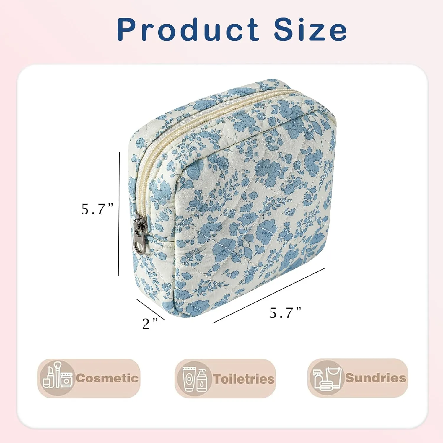 Small Quilted Cotton Makeup Bag for Purse, Cosmetic Bag with Compartments, Cotton Aesthetic Makeup Bag, Travel Toiletry Pouch, Key Pocket Lipstick Bag Card Holder Data Cable Organizer (02Light Blue)