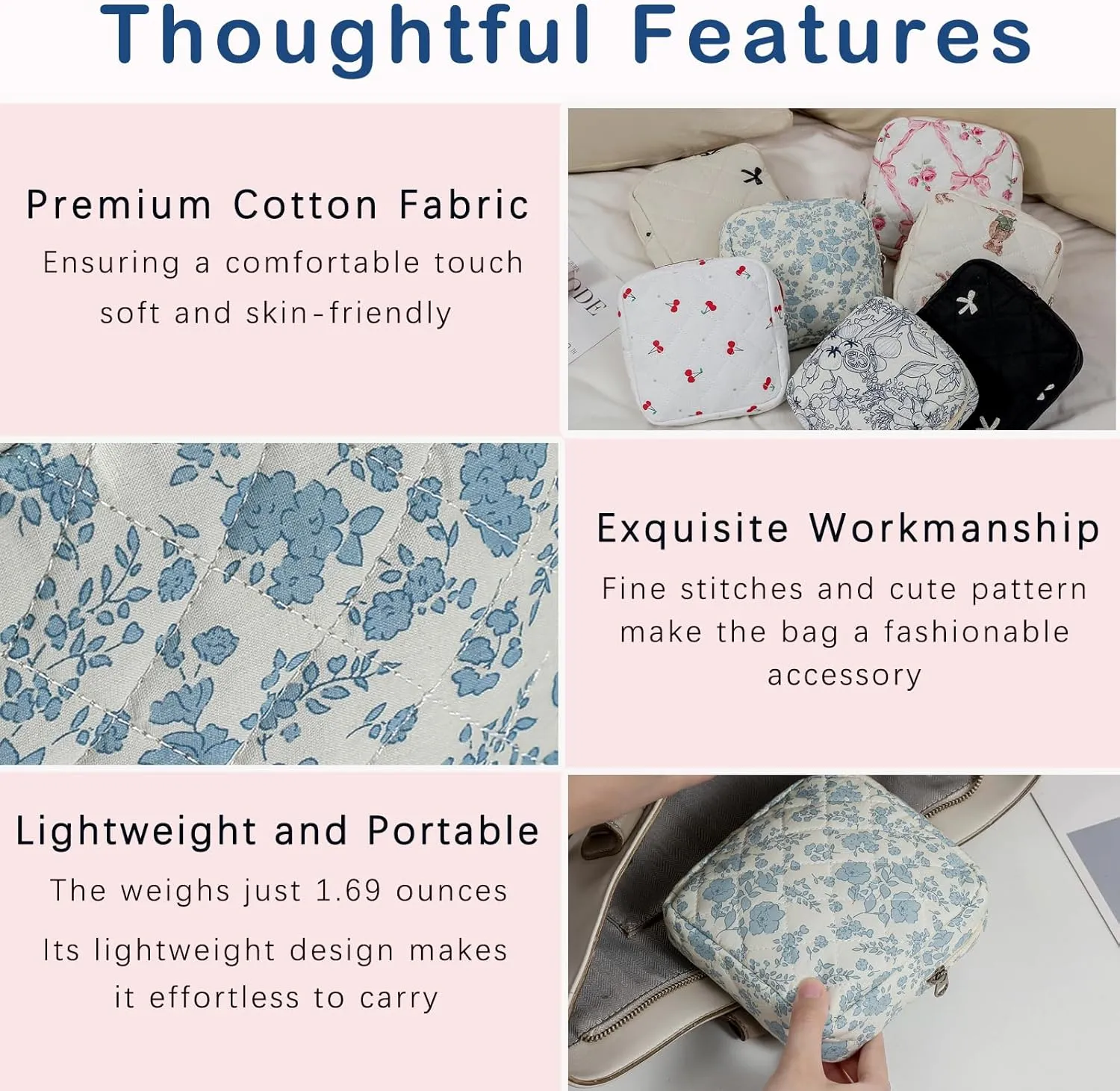 Small Quilted Cotton Makeup Bag for Purse, Cosmetic Bag with Compartments, Cotton Aesthetic Makeup Bag, Travel Toiletry Pouch, Key Pocket Lipstick Bag Card Holder Data Cable Organizer (02Light Blue)