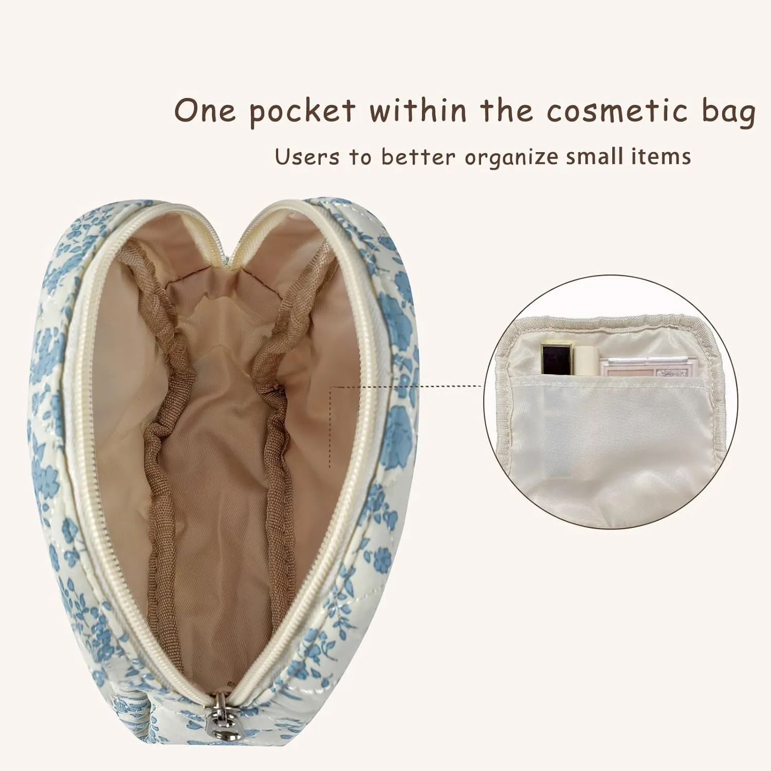 Small Quilted Cotton Makeup Bag for Purse, Cosmetic Bag with Compartments, Cotton Aesthetic Makeup Bag, Travel Toiletry Pouch, Key Pocket Lipstick Bag Card Holder Data Cable Organizer (02Light Blue)