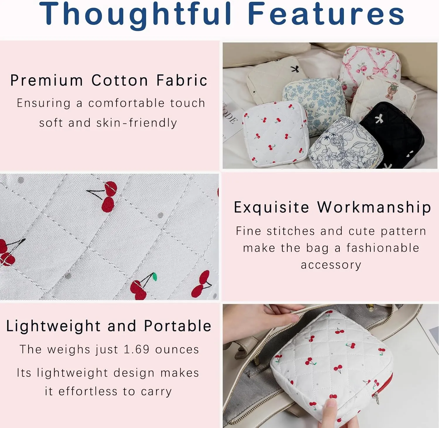 Small Quilted Cotton Makeup Bag for Purse, Cosmetic Bag with Compartments, Cotton Aesthetic Makeup Bag, Travel Toiletry Pouch, Key Pocket Lipstick Bag Card Holder Data Cable Organizer（07Cherry）