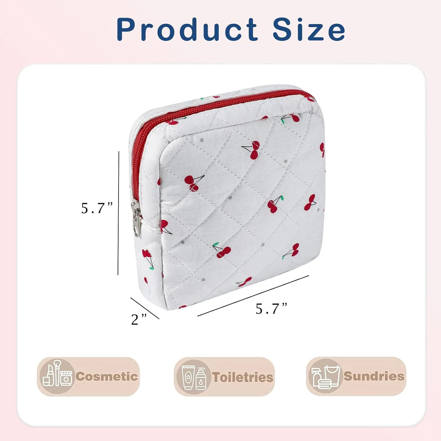Small Quilted Cotton Makeup Bag for Purse, Cosmetic Bag with Compartments, Cotton Aesthetic Makeup Bag, Travel Toiletry Pouch, Key Pocket Lipstick Bag Card Holder Data Cable Organizer（07Cherry）