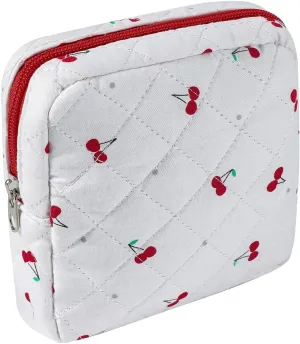 Small Quilted Cotton Makeup Bag for Purse, Cosmetic Bag with Compartments, Cotton Aesthetic Makeup Bag, Travel Toiletry Pouch, Key Pocket Lipstick Bag Card Holder Data Cable Organizer（07Cherry）