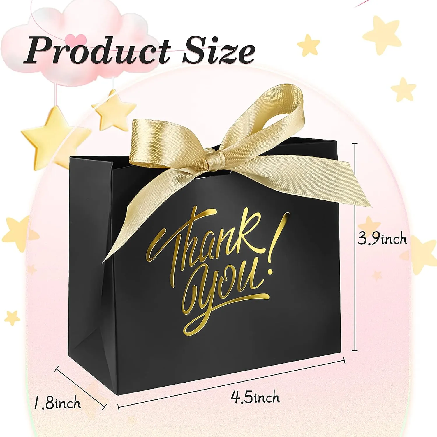 Small Thank You Gift Bags - 60 Pack Mini Candy Treat Bags for Birthday, Wedding, Party & Holidays - 4.5x1.8x3.9in Boxes with Gold Foil Printed Bow Ribbon