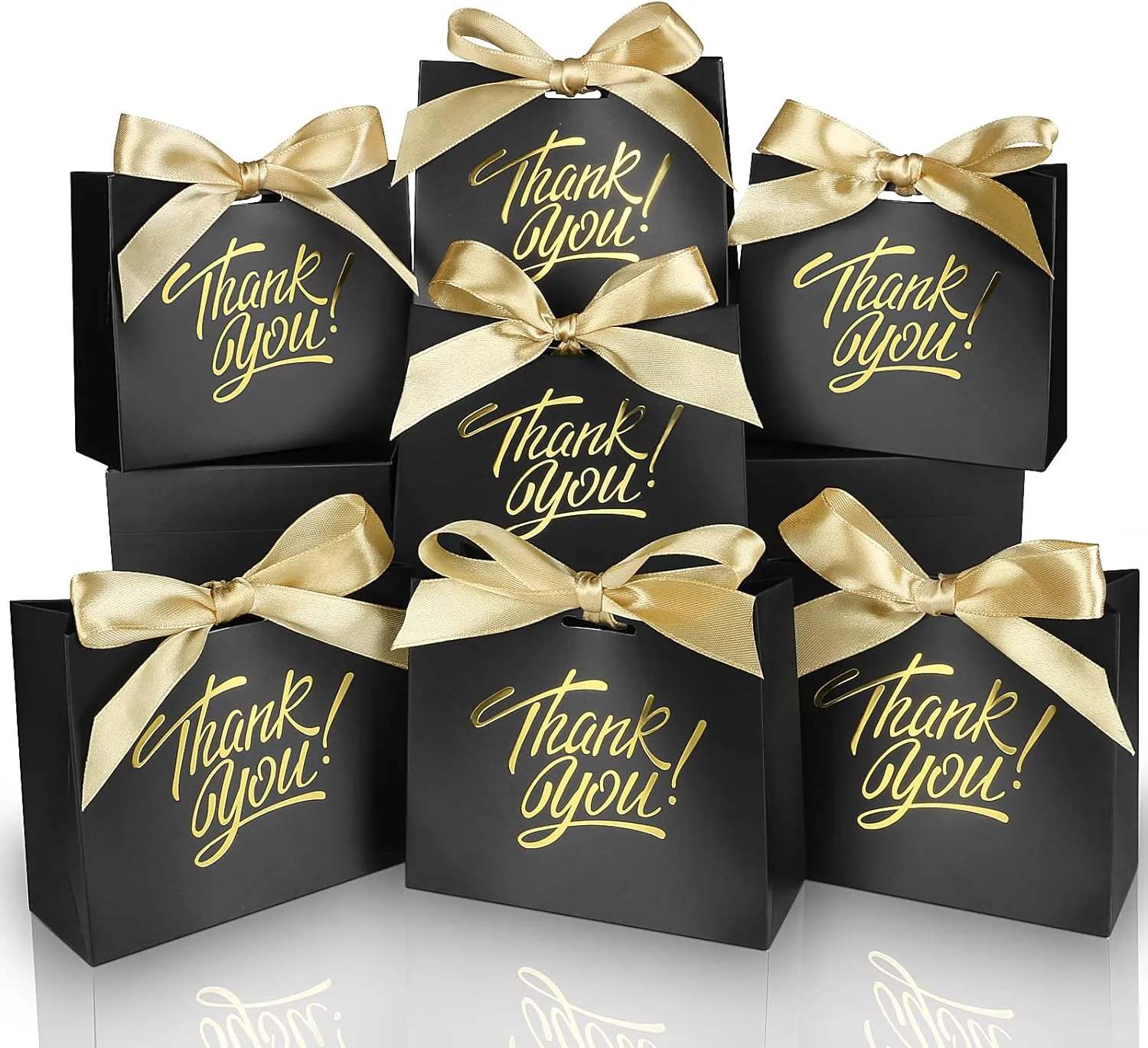 Small Thank You Gift Bags - 60 Pack Mini Candy Treat Bags for Birthday, Wedding, Party & Holidays - 4.5x1.8x3.9in Boxes with Gold Foil Printed Bow Ribbon